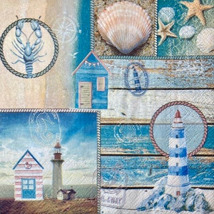 3 servilletas de decoupage, collage de faro de conchas marinas azules 13" x 13" sin doblar