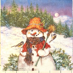 3 serviettes de table découpées, bonhomme de neige avec oiseaux 13 » x 13 » déplié
