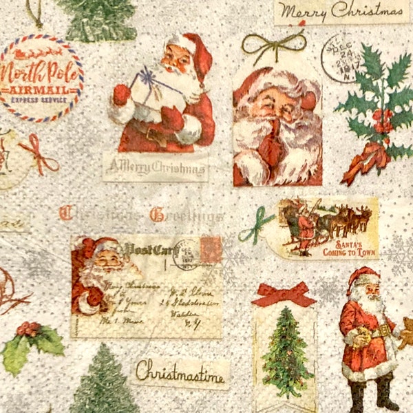 3 Christmas Decoupage Santa Claus Mail Collage Napkins, 13" x 13” Unfolded