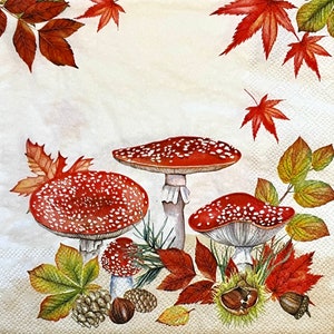 3 Decoupage-Servietten, Herbstrot Pilze Ahornblätter, 33 cm x 33 cm ungefaltet