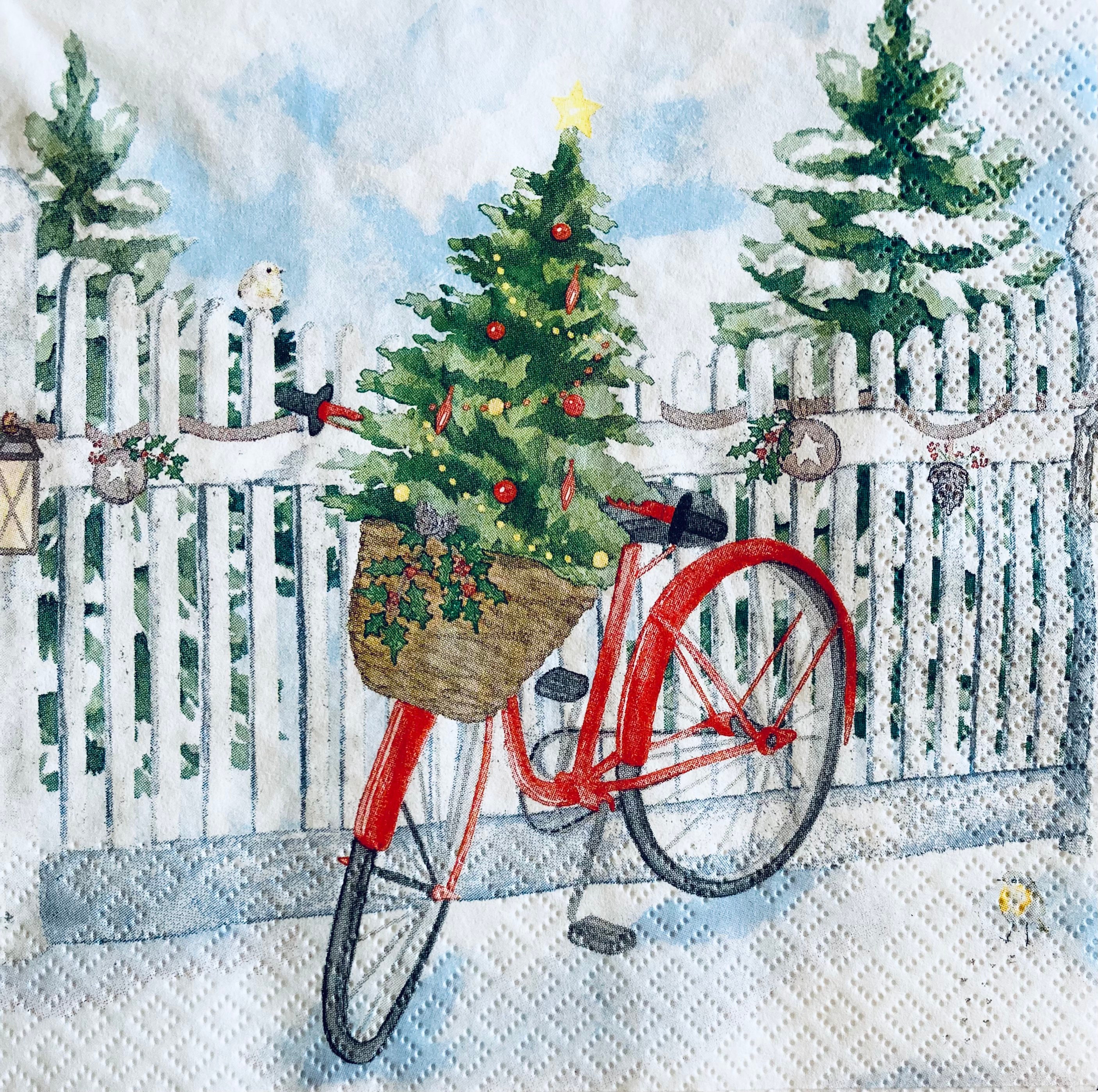 ピンククリスマスデコパージュ デコパージュナプキン3枚、クリスマスレッド自転車、展開時13インチ×13