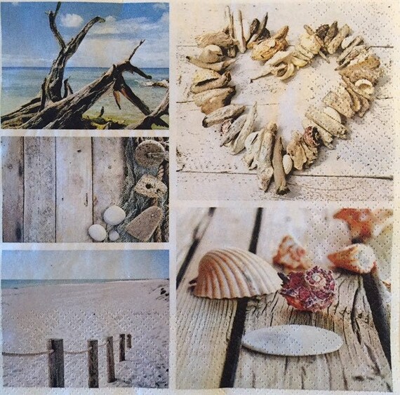 3 Servietten in Serviettentechnik, Servietten Stillleben Sommer Muscheln 33 x 33 cm ungefaltet