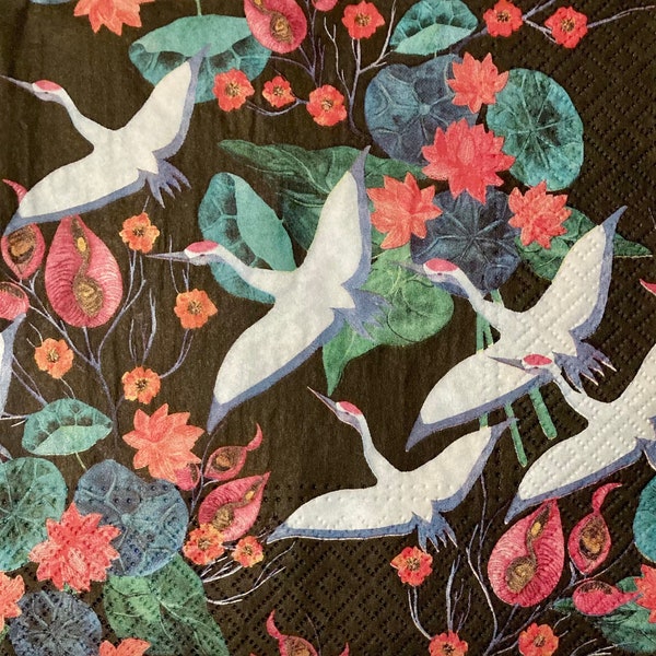 3 Decoupage Napkins, Flying White Cranes Flowers 13" x 13" unfolded