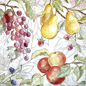 3 guardanapos de decoupage, desenho de frutas do campo, 13" x 13" desdobrados