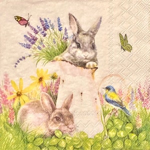 3 Decoupage Napkins, Bunny Rabbits Garden, 13&quot; x 13&quot; Unfolded