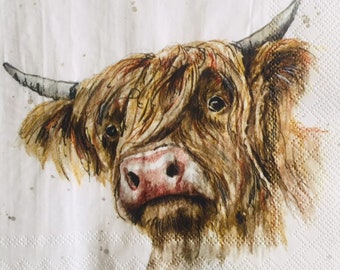3 Decoupage Luncheon Napkins - Farm Friends Scottish Highland  Cow Galloway 13&quot; x 13&quot; unfolded