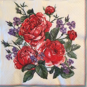3 Decoupage Luncheon Napkins, Inglese Painted Red Roses 13" x 13" spiegato