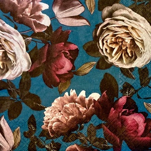 3 Decoupage Napkins, Nobility Peonies Flower Garden Blue, 13&quot; x 13&quot; Unfolded