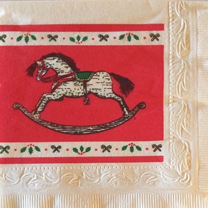 3 Decoupage Vintage Christmas Napkins, Vintage Rocking Horse, 10&quot; x10&quot;