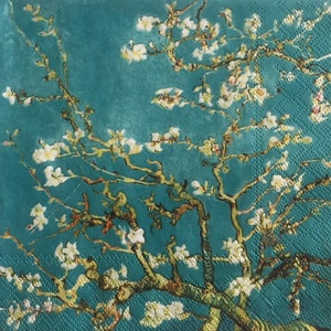 3 Decoupage-Servietten - Mandelblüten Blumen Teal 33 x 33 cm ungefaltet