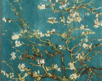 3 Decoupage Napkins - Almond Blossoms Flowers Teal 13&quot; x 13&quot; Unfolded