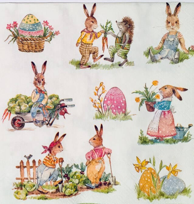 499 TWO Individual Paper Luncheon Decoupage Napkins BUNNY RABBIT EGGS EASTER 