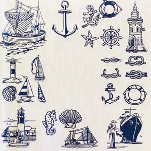 3 Decoupage Napkins, Maritime Boats Nautical Blue White 13" x 13" Unfolded