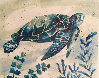 3 Decoupage Beverage Napkins, Aquaworld Blue Sea Turtle 10&quot; x 10&quot; unfolded