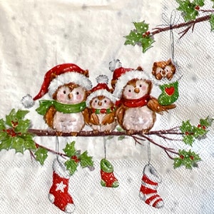 3 guardanapos de decupagem para almoço, família de corujas de feliz Natal 13" x 13" desdobrado