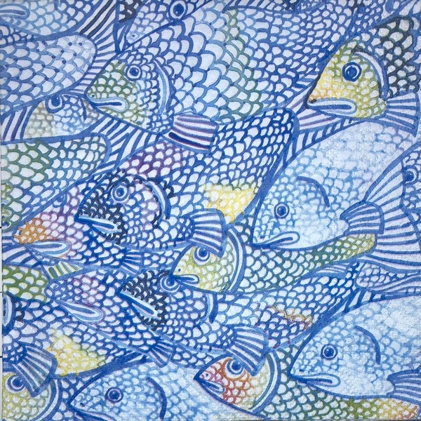 3 Decoupage Napkins, Fasana Fish Drawing Blue 13" x 13" Unfolded