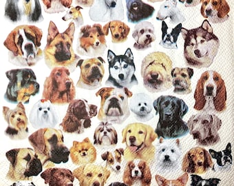 3 Decoupage Napkins, 192 Dog Breeds Heads Portraits Collection 13" x 13" Unfolded