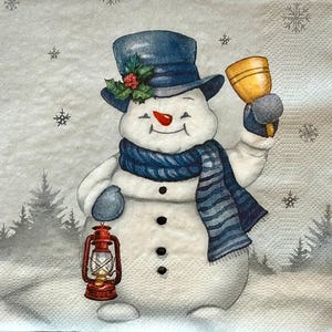 3 guardanapos de decoupage, boneco de neve alegre com sino 13" x 13" desdobrado