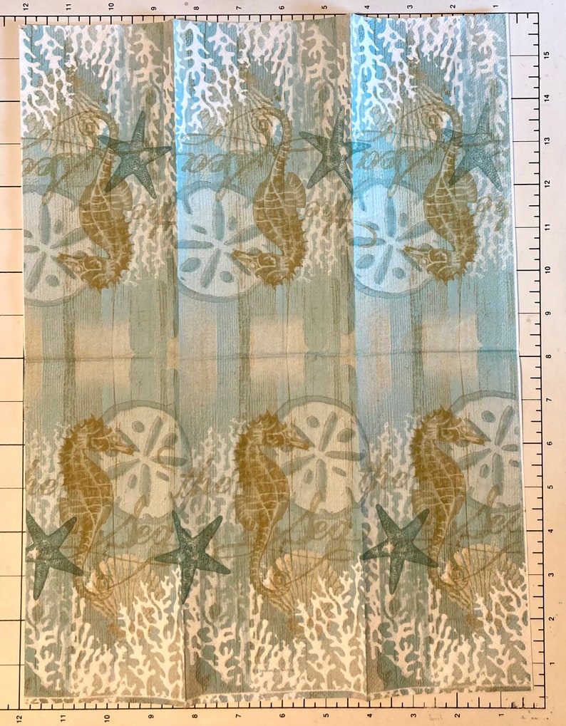 3 Decoupage Hostess Napkins, Faded Blue Sea Ocean Seahorse 12 x 16 unfolded image 2