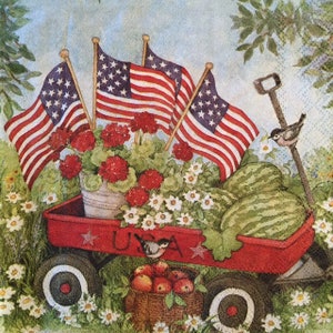 3 Decoupage-Mittagessenservietten, 4. Juli, amerikanische Flaggen, patriotischer roter Wagen, USA, 33 x 33 cm, aufgeklappt
