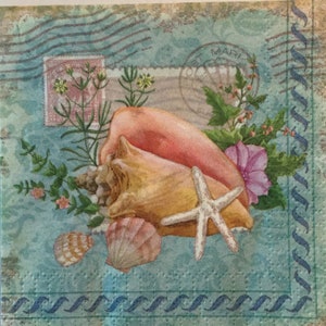 3 servilletas de decoupage para anfitrionas, un panel de conchas marinas de verano, 4.25" x 8" desplegadas