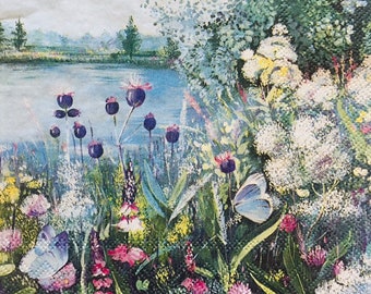 3 decoupage lunchservetter, sjöutsikt trädgård 33 x 33 cm utfällda