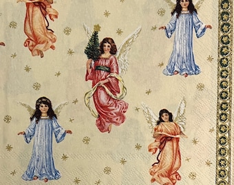 3 Decoupage Napkins, Herald Blue Pink Angels Christmas Tree, 13" x 13" Unfolded
