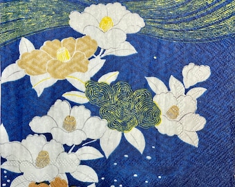 3 Decoupage Napkins, V&A Museum Japanese Silk White Floral Blue Waves 13" x 13" Unfolded