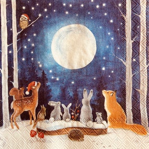 3 serviettes de table pour boissons des Fêtes à découper, animaux de la forêt de la pleine lune du réveillon de Noël, 10 x 10 po. déplié