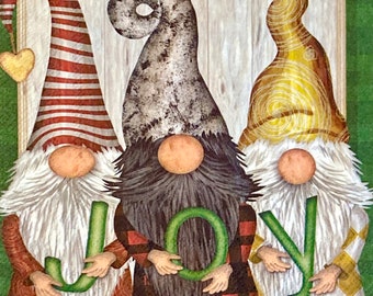 3 Decoupage Napkins Three Christmas Gnomes Joy, 13" x 13" Unfolded