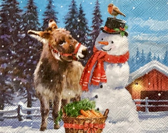 3 Decoupage Napkins, Snowman Donkey Friend Carrots, 13" x 13" Unfolded