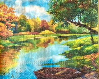 3 decoupageservetter, sjöutsikt 33 x 33 cm utfällda