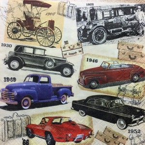 3 Servietten, Vintage Classic Cars, 13" x 13" ungefaltet