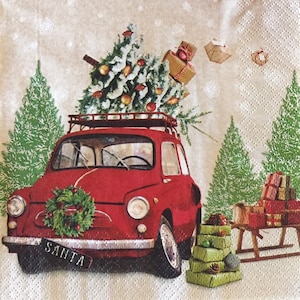 3 serwetki świąteczne do decoupage'u, czerwony samochód na ostatnią chwilę w śniegu, rozłożone, 13" x 13"