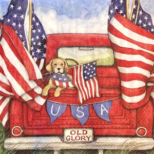 3 Decoupage GetränkeServietten Rot Pickup Truck Hund Vierter Juli USA Flaggen 10" Entfaltet