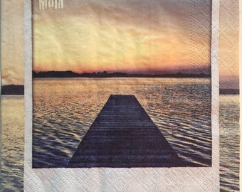 3 decoupageservetter, Summer Lake Sunset Pier Dock, 33 x 33 cm oöppnade