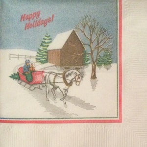 3 tovaglioli per bevande vintage Decoupage, una scena di Natale innevata C.A. Reed, 10 "x 10" spiegata