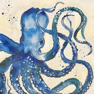 3 Decoupage Getränke-Servietten, blauer Oktopus von Roberts & Reid, ungefaltet 25cm x 25cm