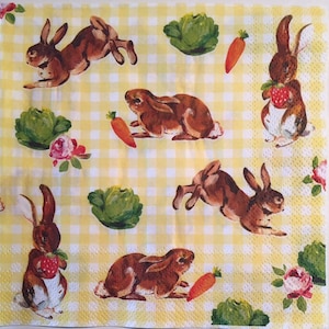 3 tovaglioli per decoupage, conigli conigli fragole carote, 13 x 13 pollici aperti