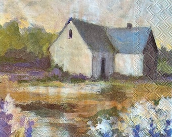 3 Decoupage Napkins, Country Cottage House Painting 13" x 13" unfolded