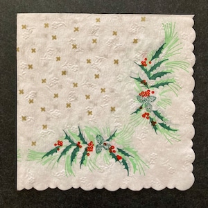 3 Vintage Decoupage Beverage Napkins, Holly Sprig Red Berries Greenery, 10&quot; x 10&quot; unfolded