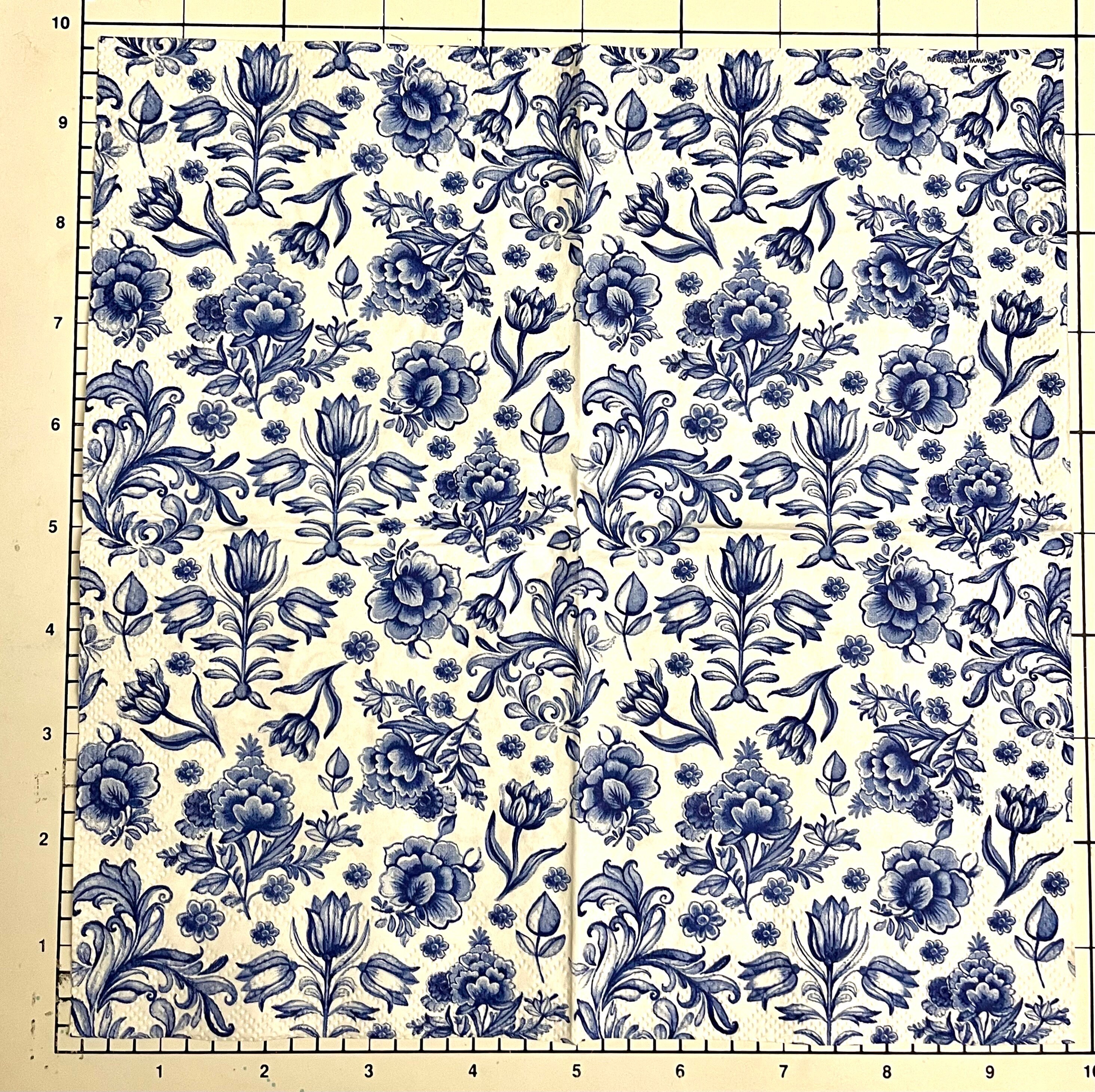 3 Decoupage Beverage Napkins, Delft Blue White Toile Flowers, 10