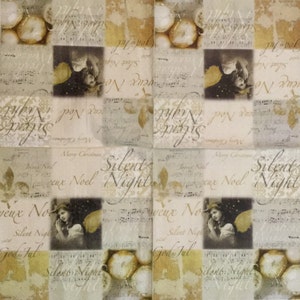 May include: A vintage-style Christmas napkin with a collage of images and text. The napkin features a repeating pattern of musical notes, ornaments, and the words "Silent Night" in various languages. The napkin is printed on a cream-colored background with gold accents.