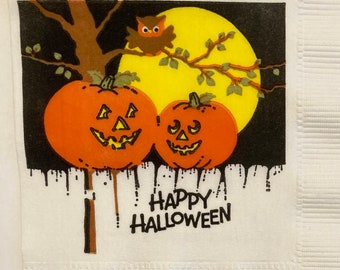 3 Decoupage Authentic Vintage Beverage Napkins, Happy Halloween Owl Jack o Lanterns, 1981, 10"x10" Unfolded