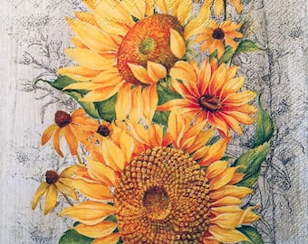 3 Decoupage Beverage Napkins,  Sunflowers le Tournesol, 10&quot; x 10&quot; unfolded