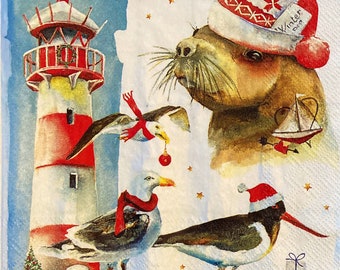 3 Decoupage Napkins, Winter Seashore Santa Hats, 13" x 13" unfolded