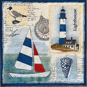 3 tovaglioli per bevande decoupage - Bellissimi fari nautici costieri barche a vela, 10" x 10" spiegati