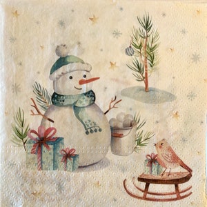 3 Decoupage Napkins, Fun Snowman Gifts Bird, 13&quot; x 13&quot; Unfolded
