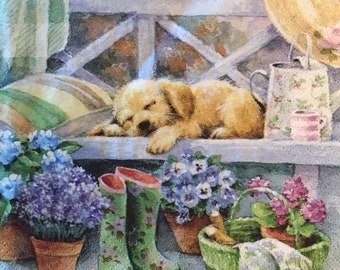 3 Decoupage Lunch Napkins, Puppy Asleep on Gardening Bench 13" x 13" Unfolded