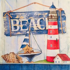 3 Decoupage Napkins, Sign To the Beach Lighthouse 13&quot; x 13&quot;